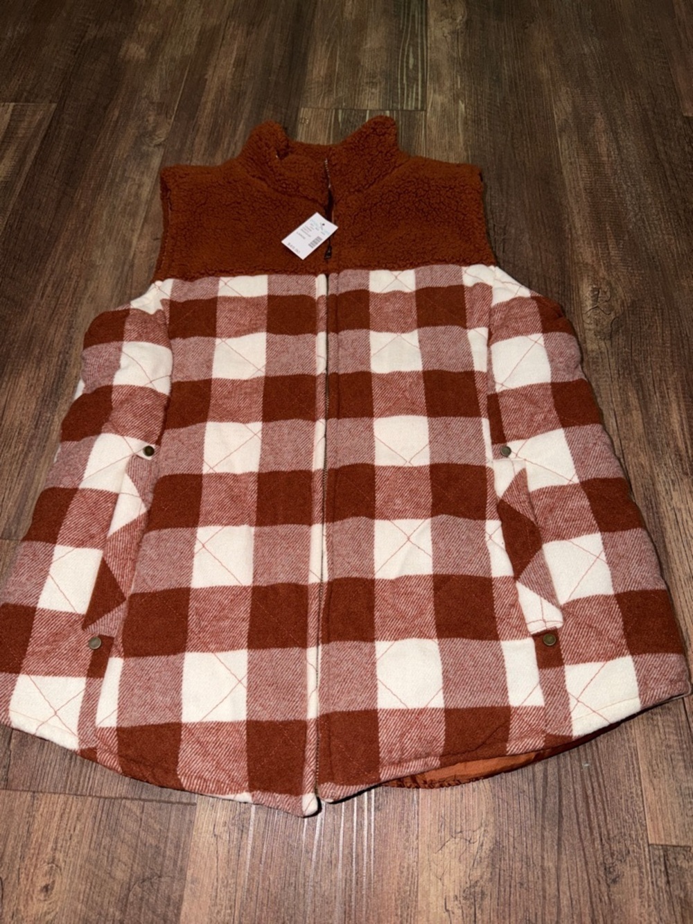 Maurices Womens Buffalo Plaid Wool Sherpa Block Vest Burnt Orange NWT Size L